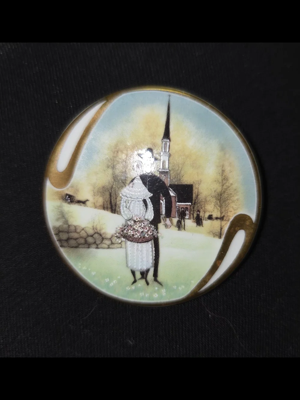 Hand-Painted Winter Church Scene Decorative Pin - White, Brown, Green